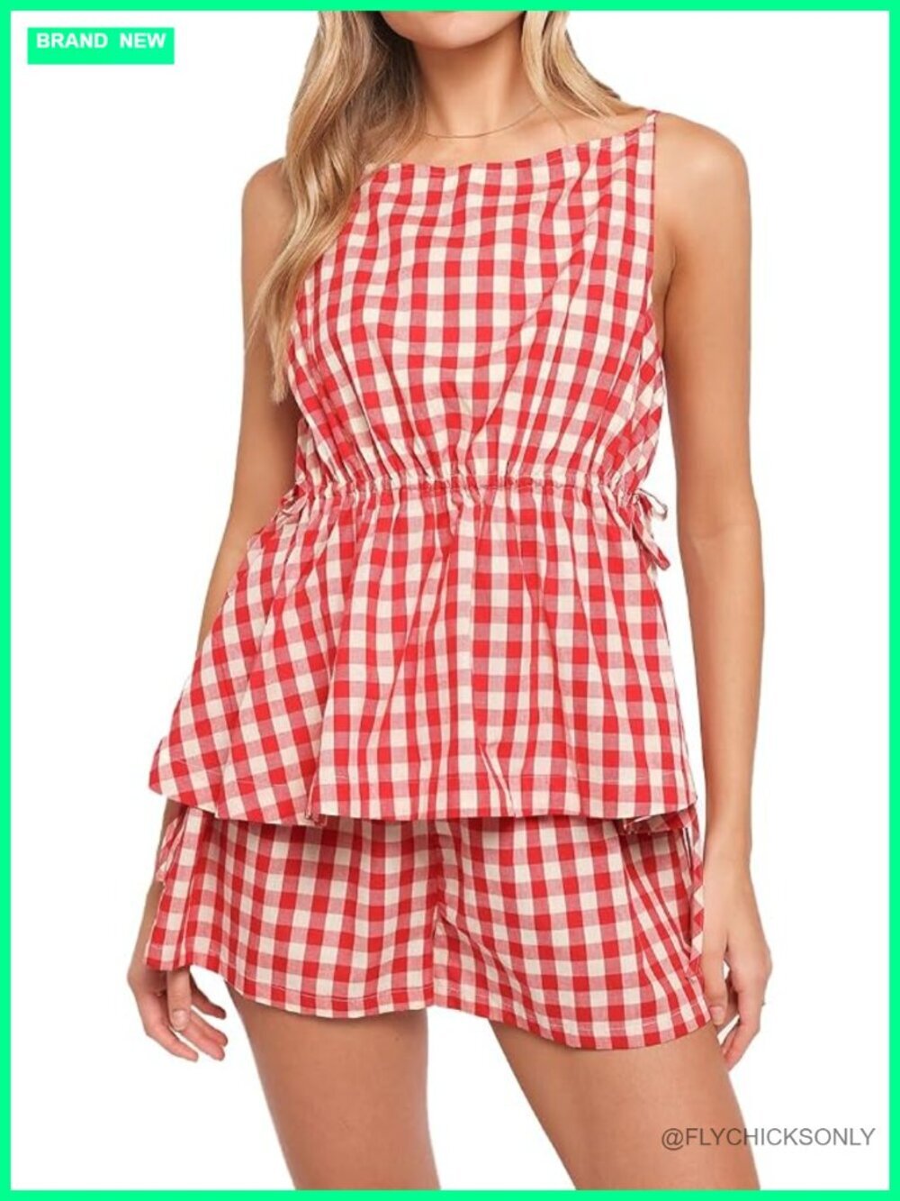 Women's 2 Piece Outfit Sleeveless Plaid Tie Top and Shorts Lounge Set